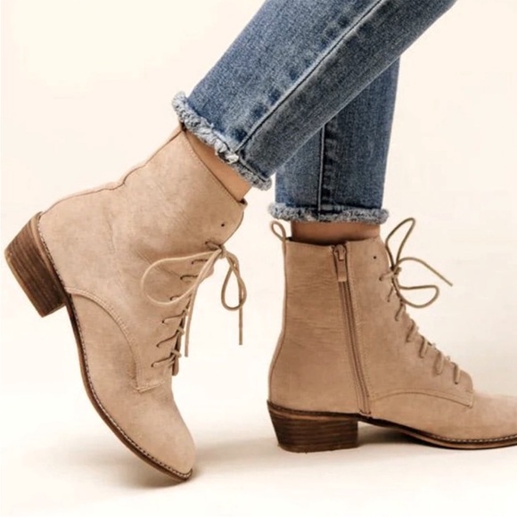 Beige Women's Lace-Up Ankle Boots - Picture 1 of 10